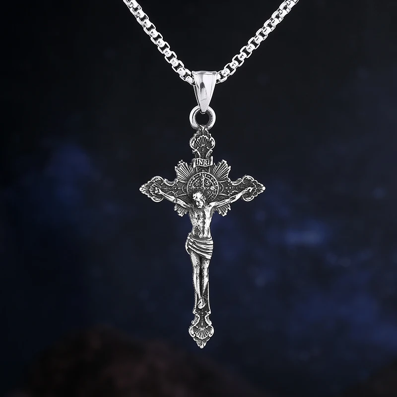 

2023 NEW Men's 316L Stainless-steel Jesus Cross Amulet Pendant Necklace for teens punk biker Jewelry Gift free shipping