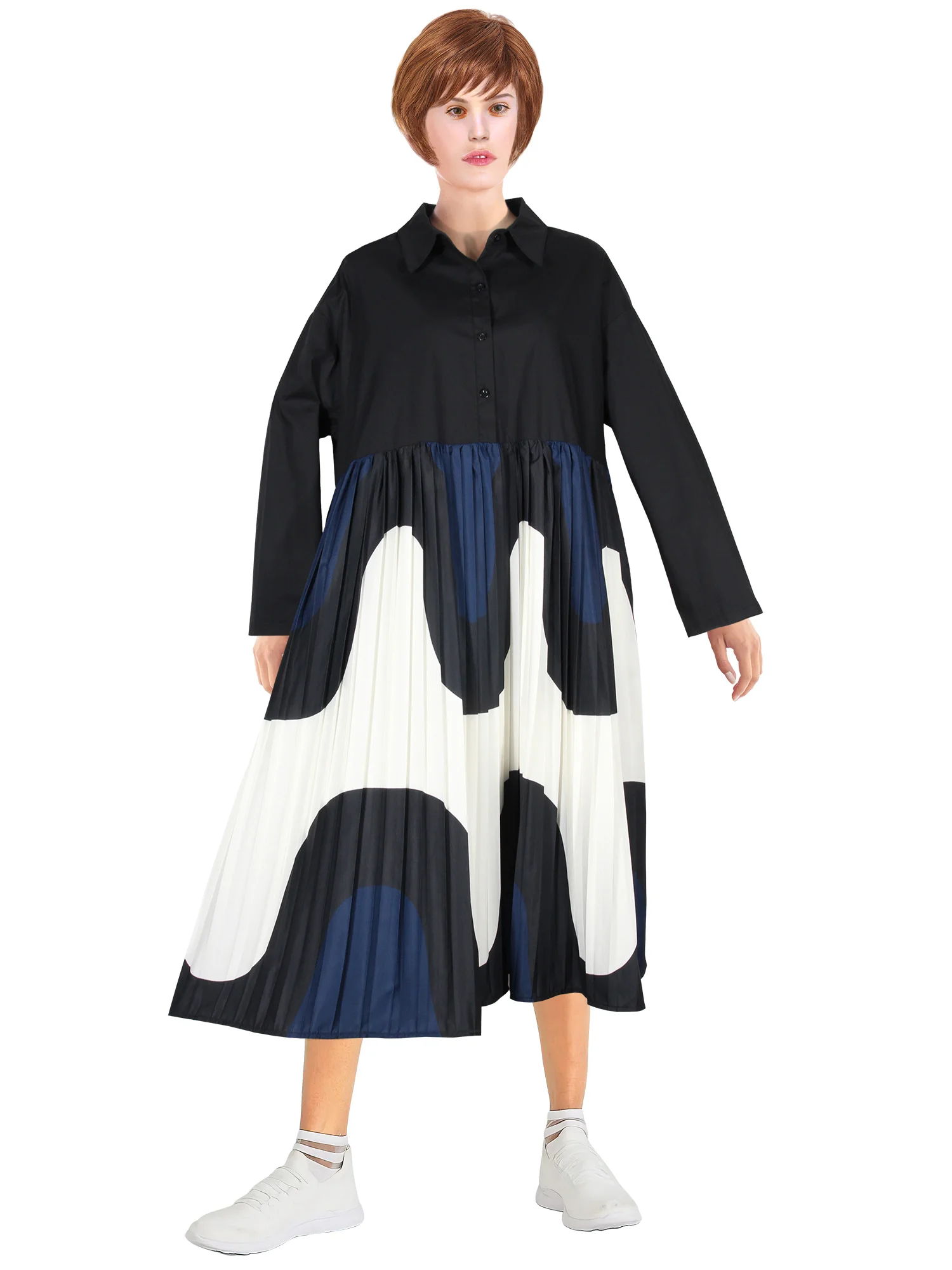 

The Shirt Pleated Dress Splice Full Sleeve Long Japanese Style Loose Fit Shirt Dresses Female