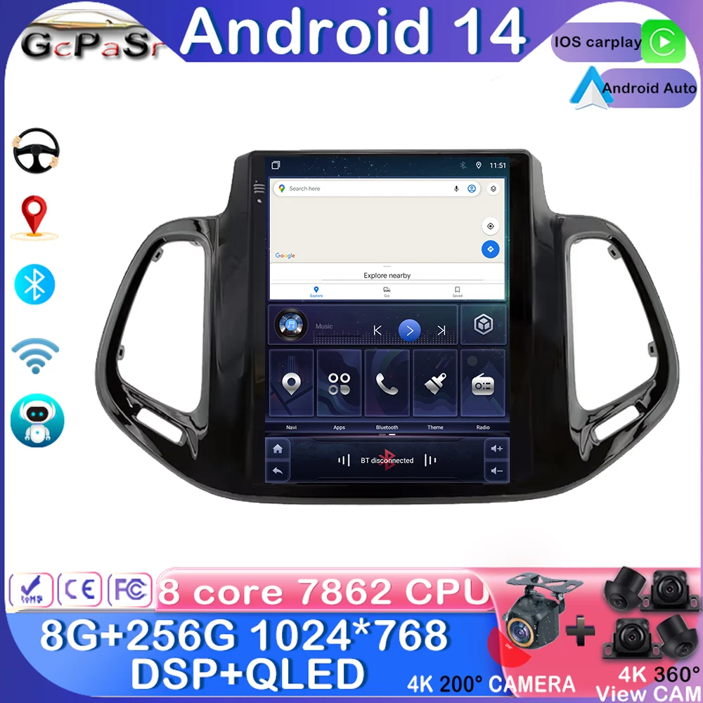 Carplay Android для Jeep Compass 2MP 2016-2019 Tesla Style Автомобильный радиоприемник Мультимедийный