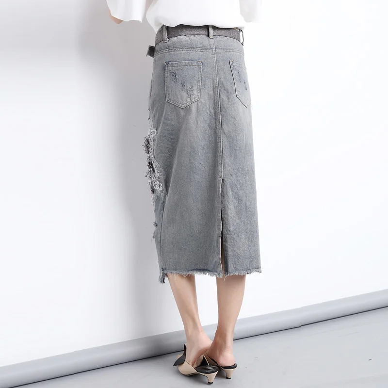 Fashion Flower Beaded Ripped Hole Denim Female Spring Summer Casual High Waist Slim Fit A-Line Mid Calf Wrap Skirt 4XL