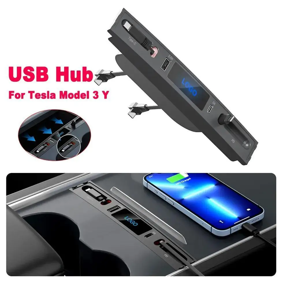 

For Tesla Model 3 Y Docking Station 30W PD Type C Hub Center 2023 Shunt Hub Smart Quick LED Extension Charger USB Console S U8U6