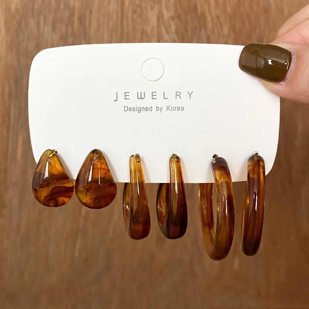 

3PCS/Set Resin Earrings For Women Geometric Creative New Temperament Retro Drop Earring Ladies 5 Colors Good Quality
