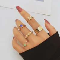 5 piece fashion lovely butterfly pearl ring set for women inlaid with artificial gemstone heart chain opening knuckle ring
