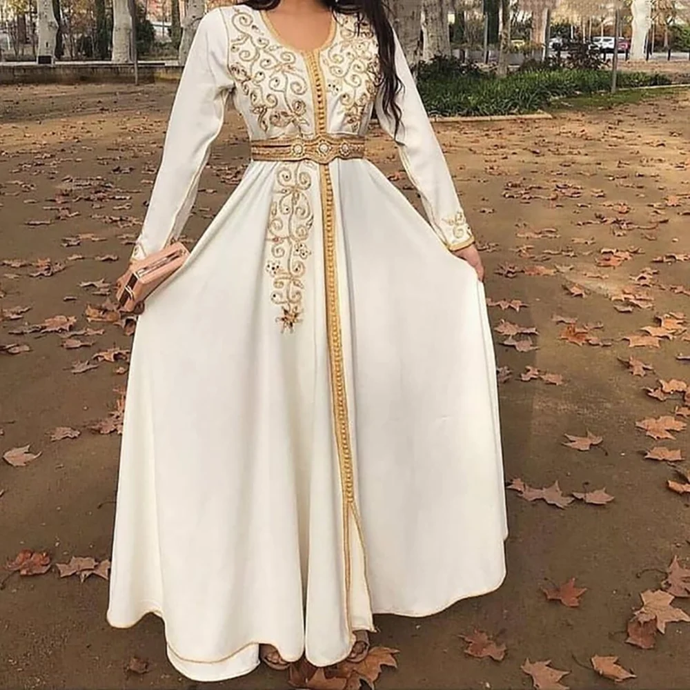

Elegant Moroccan Caftan White Evening Dresses Long Sleeves 2022 for Women Party Arabic Muslim Abaya Formal Gowns vestidos