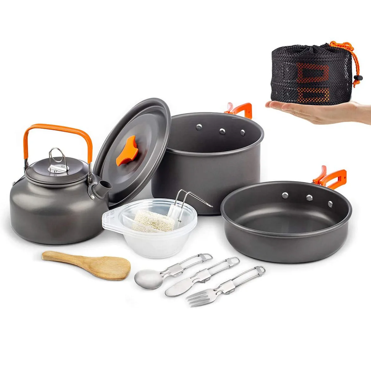 

Camping Folding Cookware Pot Kit Outdoor Aluminum Teapot Set With Cutlery Set Travelling Hiking Picnic BBQ Tableware Equipment