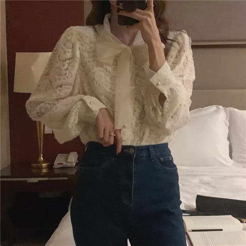 

Элегантная кружевная рубашка Neploe в Корейском стиле с бантом, рубашка с длинным рукавом, Женская винтажная блузка с цветочным узором и вырез...