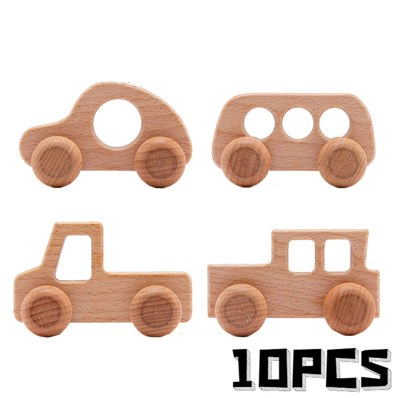 

10pcs Baby Toys Beech Wooden Blocks 1pc Wooden Car Bus Cartoon Educational Montessori Toys For Children Teething Baby Teethers
