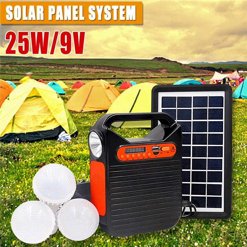 25W Home bluetooth USB Charger Home System Solar Power Panel Generator Kit with FM Radio 3 LED Bulbs Light Emergency Lighting