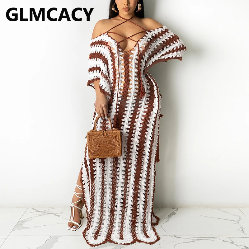 

Summer Knitted Beach Cover Ups Maxi Dress