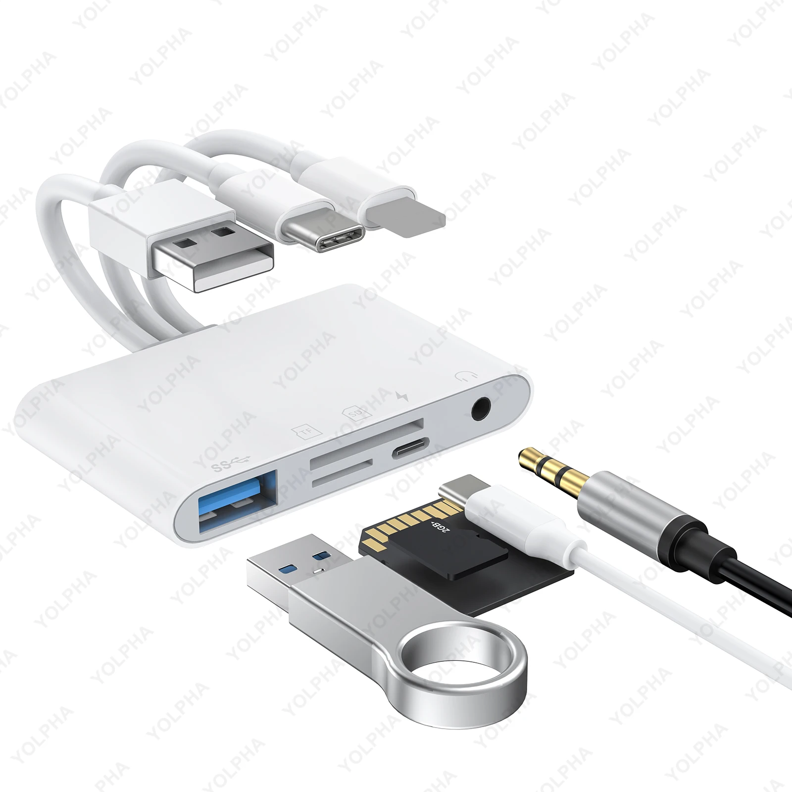 Фото Универсальная док-станция USB-концентратора USB C — SD TF Устройство чтения карт памяти OTG Кабель Адаптер камеры Type-C на 3,5 мм для iPhone iPad ПК №5