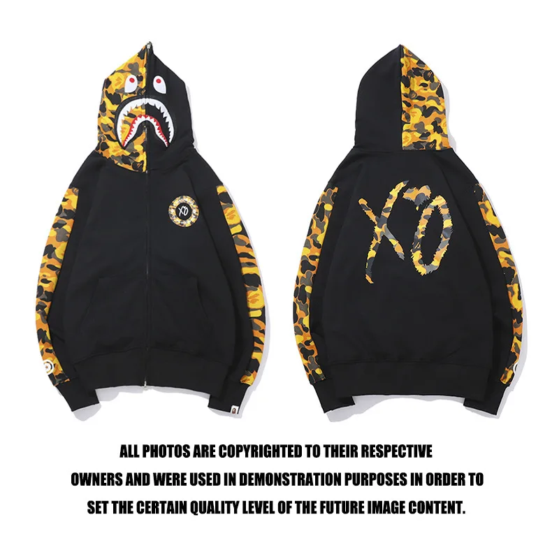 

100%Cotton Embroidery Bape Shark Classic Camouflage Hoodie New High Quality Zipper Sports Jacket For Men Women Hip-hop Oversize