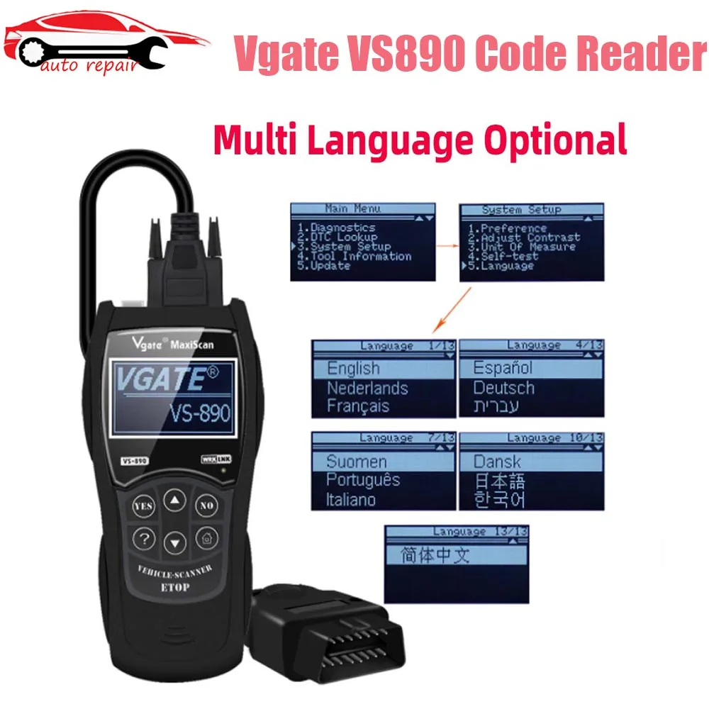 Новейший диагностический сканер Vgate VS890 OBD2, сканер Vgate VS 890 CAN-BUS, многоязычный считыватель кодов автомобиля