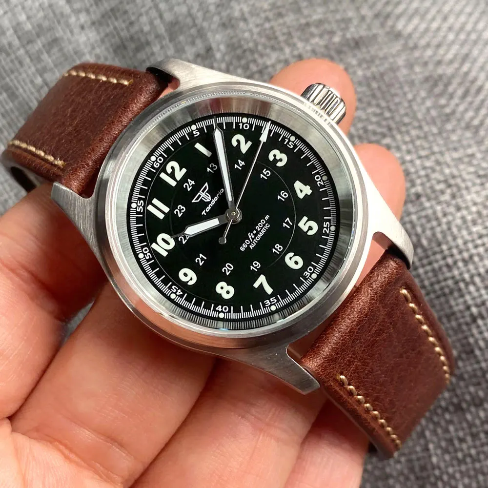 Tandorio 200M Waterproof Professtional NH35 Pilot 36mm Automatic Male Watch Red Arrow Second Hand Brown Leather Sapphire Sport enlarge