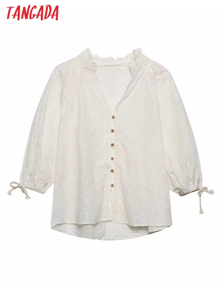 

Женская хлопковая блузка с рукавами-фонариками и вышивкой