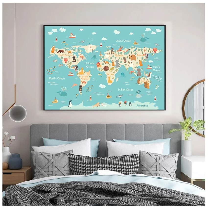 Мультяшные животные океан карта мира Детская фотография на холсте детская