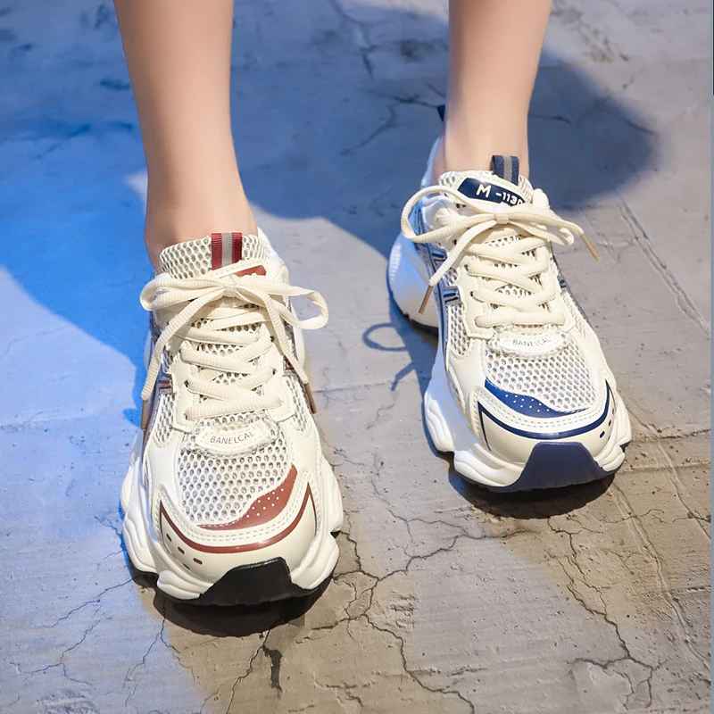 Round Head Mesh Lace-Up Platform Shoes High Quality Casual Vulcanize Shoes Retro Outdoor Breathable Non-Slip Sports Shoes