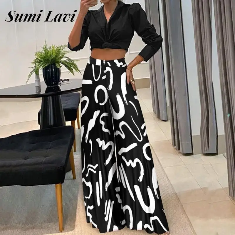 

Осенний комплект из двух предметов с высокой талией, модная женская рубашка с отложным воротником и длинными рукавами и брюки с широкими шт...