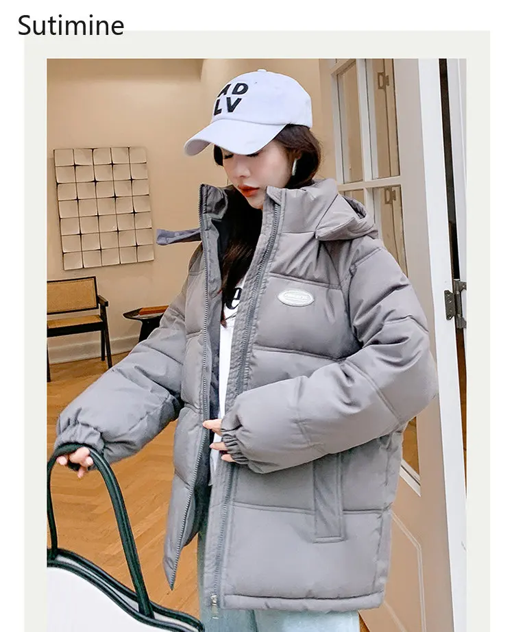 Korean Down Cotton Jacket Women's Thickened Short Loose Coat Office Lady Winter Coat for Women Hooded Winter Clothes Women