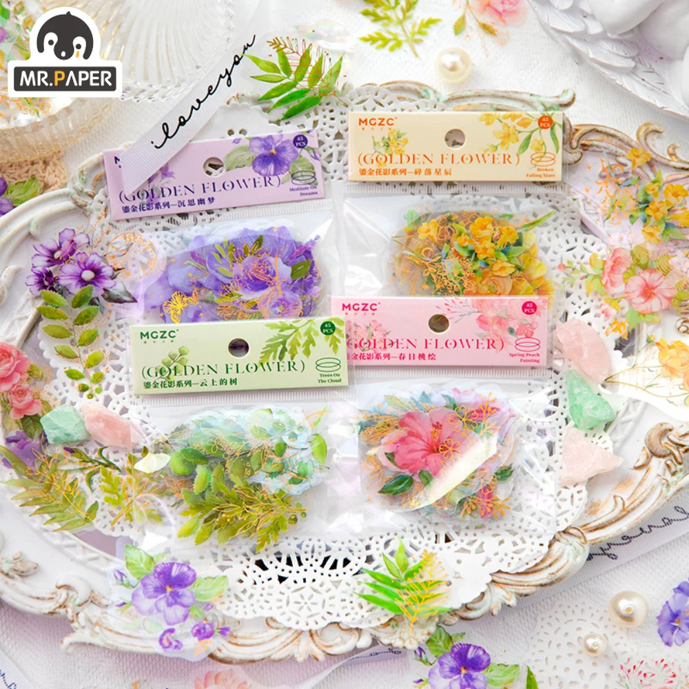 

Mr.Paper 4 Style Gilding Flower PET Stickers Vintage Plant Handbook DIY Decorative Collage Korean Stationery Kawaii Stickers