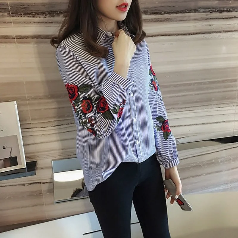 

Vintage Floral Embroidered Stripe Blouse Women Polo Collar Button Oversized Shirts Casual Loose Casaul Long Sleeve Tops 20370