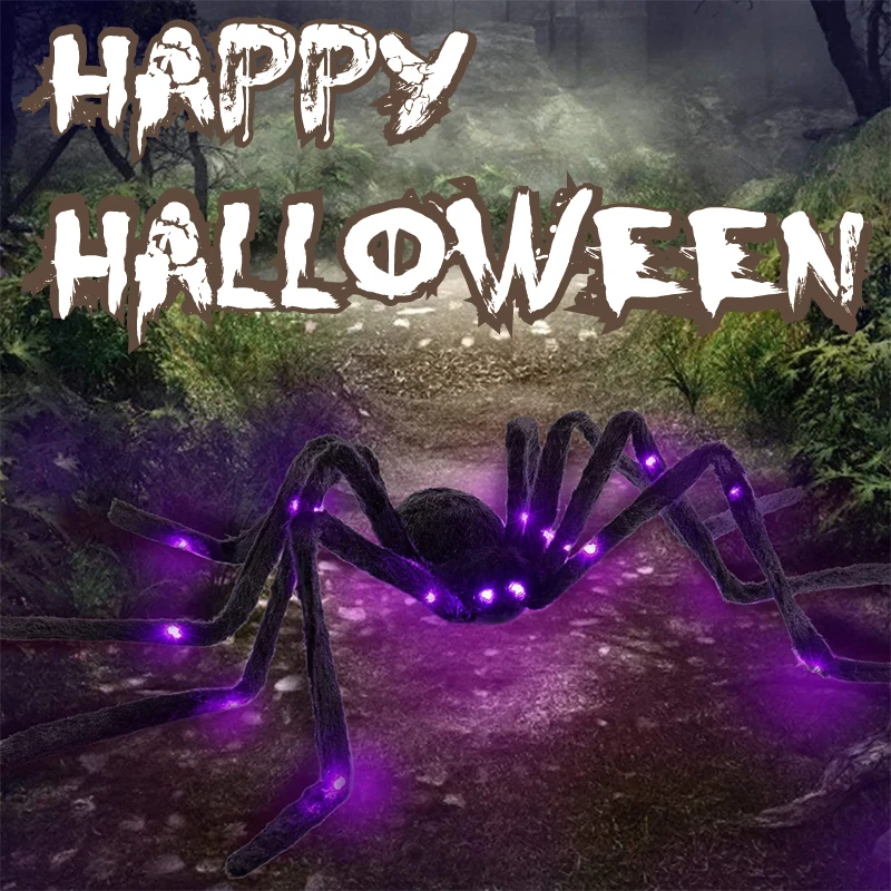 

125cm Black Scary Giant Spider Light Up Hairy Spiders with 26 Purple LEDs Spider Web Halloween Spider Decorations Haunted Props