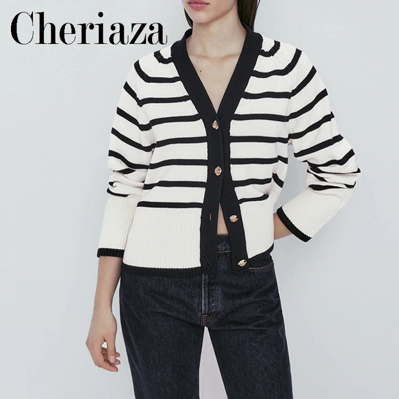 

Autumn Winter Women Stripes Cardigan Long Sleeve Single Breasted Short Coat Ladies Grace O-neck Knitted Sweater cardigans mujer