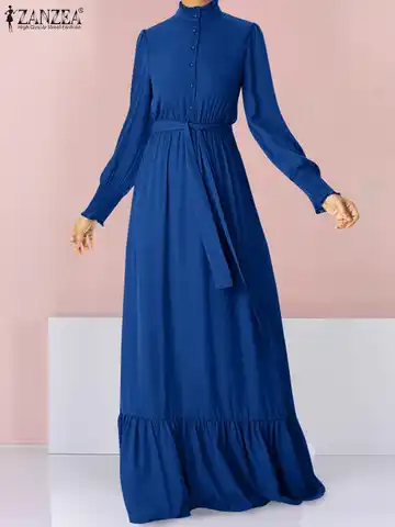 ZANZEA Autumn 2023 Women Vintage Long Dress Casual Long Sleeve Turtleneck Maxi Dress Fashion Belted Shirring Cuff Vestidos Mujer