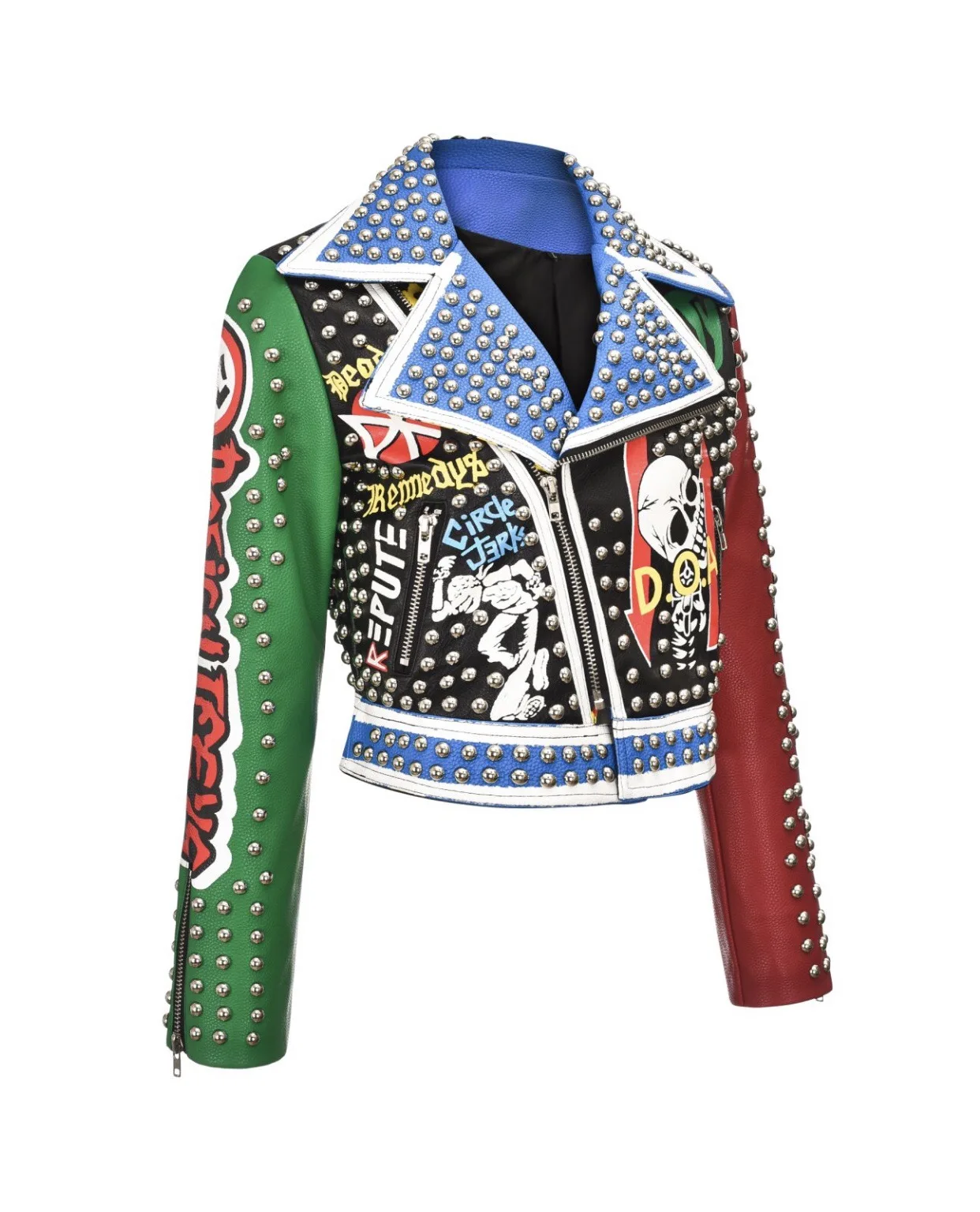 Ladies spring and autumn new hot-selling street fashion letter graffiti hit color rivet punk leather jacket women's jacket