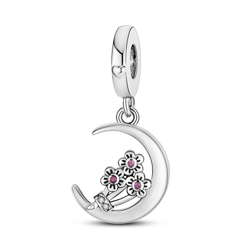

925 Sterling Silver Moon with Bouquet Charm Fits Original Pandora Bracelet blue Beads Woman Fashion DIY Jewelry Gift