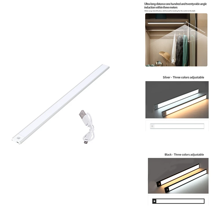

LED Night Light 30Cm Motion Sensor Wireless USB Cabinet Night Light Wardrobe Lamp For Kitchen Cabinet Bedroom Wardrobe Silver