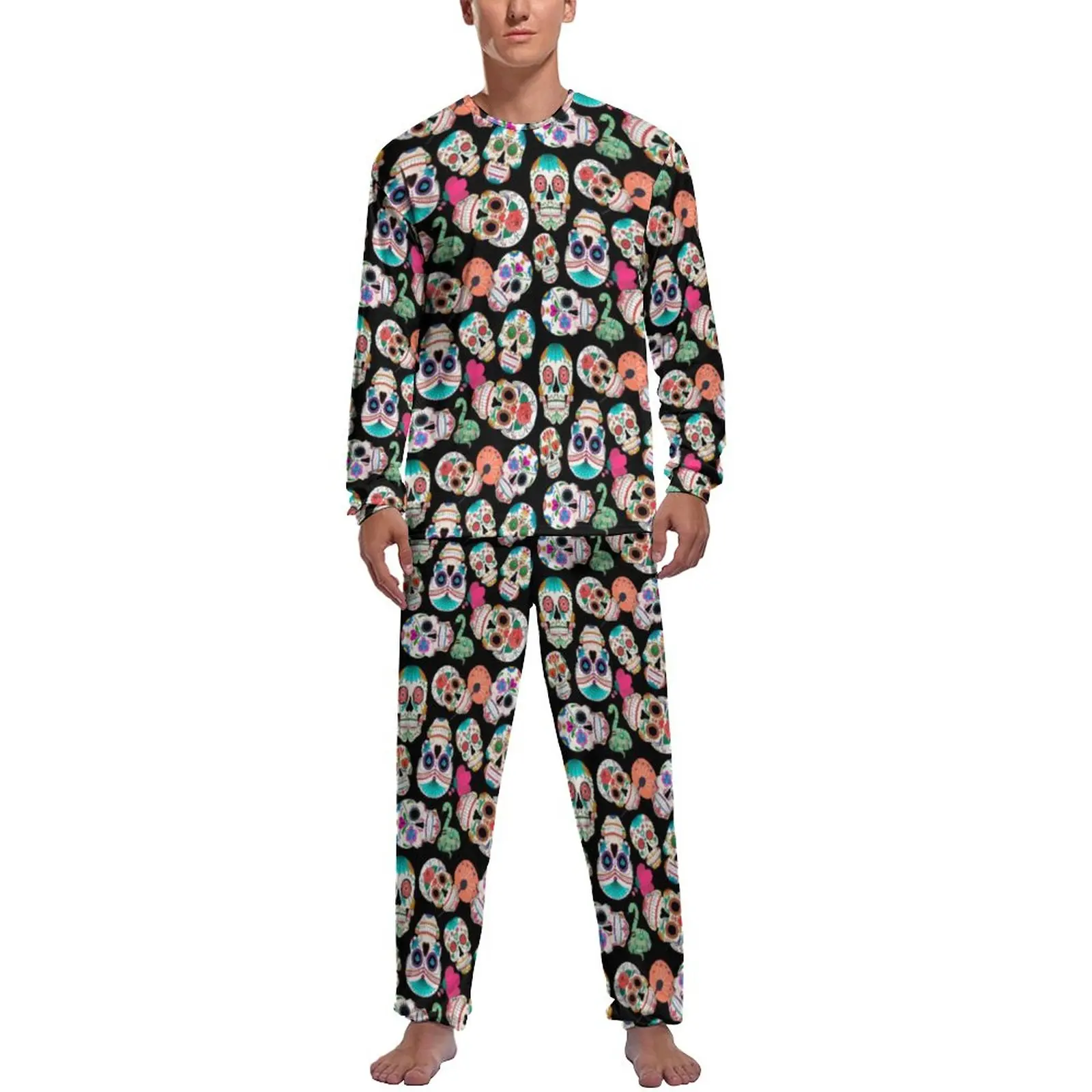 Colorful Sugar Skull Pajamas Autumn Retro Skeleton Night Nightwear Male Two Piece Design Long Sleeve Kawaii Pajama Sets