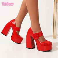 2022 new sexy women pumps sandals thick high heels platform patent leather dress party wedding shoes high quality red sandals