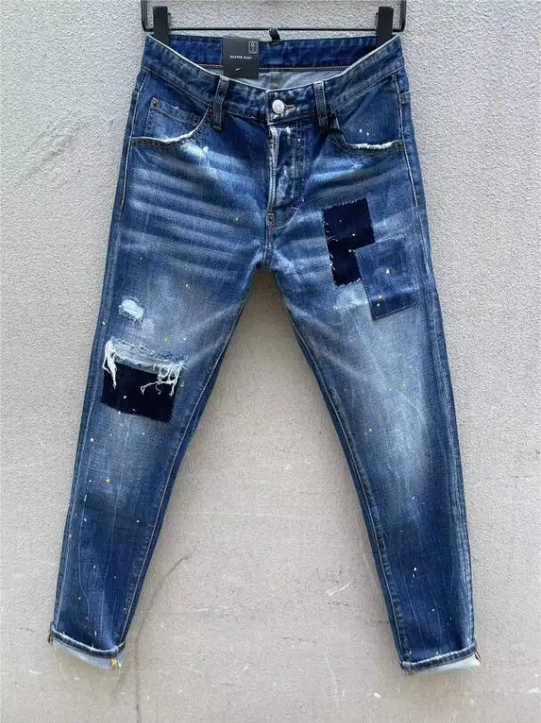 

Men's Fashion Trend High Street Punk Style Spray Painting Denim Fabric Pants Slim Fit Casual Hole Jeans C009