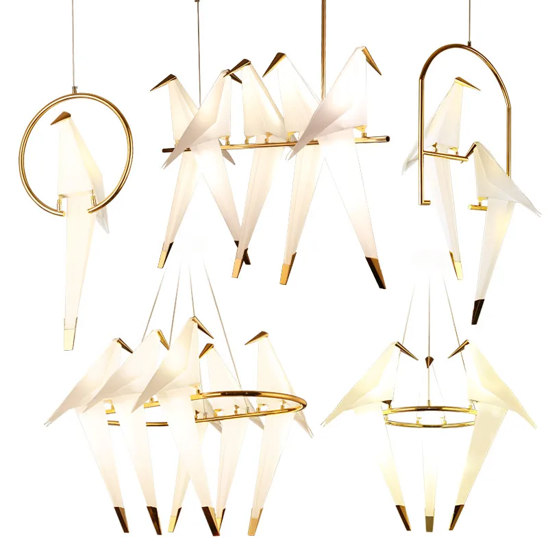 

Creative Gold LED Bird Design Chandeliers Origami Metal Paper Crane Lustre Avize Modern Salon Chandelier Lighting Drop Ship
