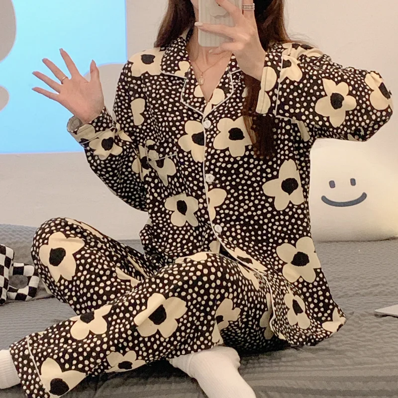 CAIYIER 2022 Pink Leopard Grain Nightwear Turn Down Collar Leisure Sleepwear Autumn Winter Korean Soft Cardigan Suit Homewear