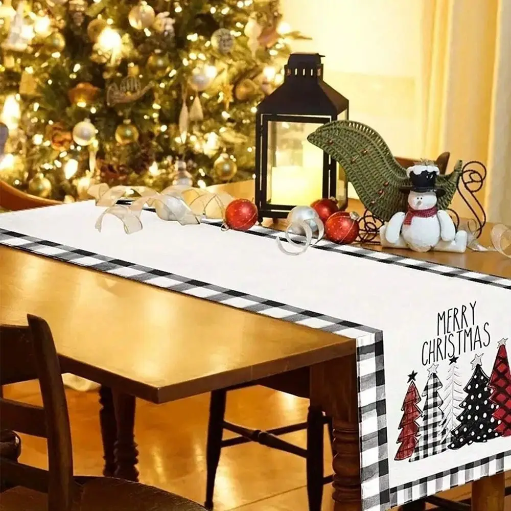 Модная льняная рождественская дорожка для стола Снеговик Рождественская елка