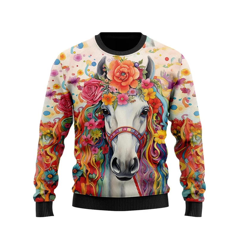 Осень 2024 свитшоты с рисунком лошади модные пуловеры унисекс в стиле Харадзюку