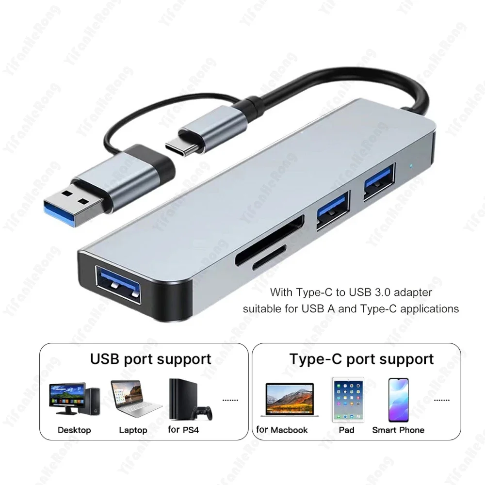 USB-хаб 8-в-5 с 2 портами USB Type-C, док-станция USB-C на USB 3.0 для MacBook Pro, для Switch, разветвитель USB-C Type-C 3.0 (art.: 3920dae952ced) - 3920dae952ced