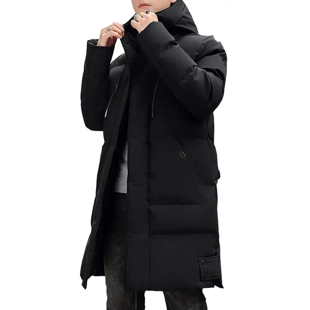 Midi Length Men's Down Coat Hooded Thickened Solid Color Padded Cardigan Keep Warm Zip Up Plus Size Men Winter Coat
