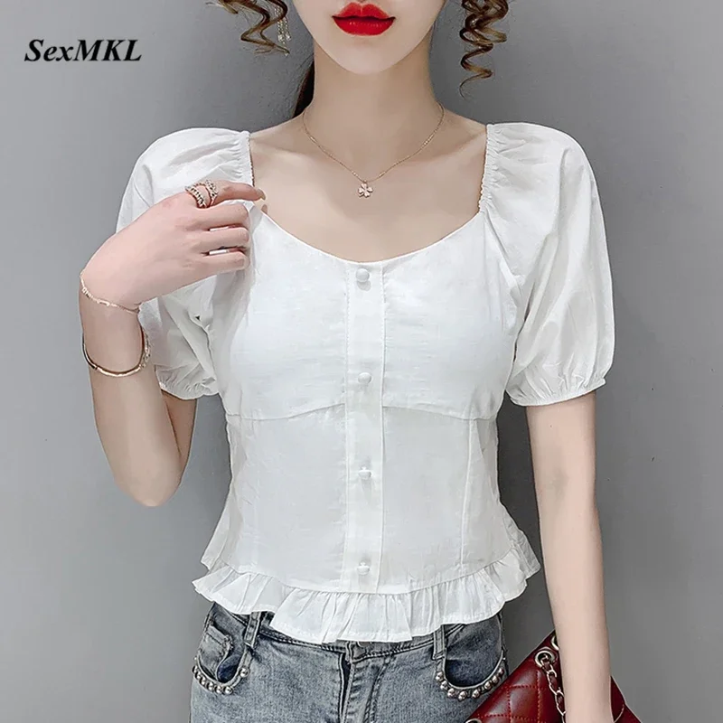 Летние белые топы с пышными рукавами женские 2024 модные повседневные фиолетовые