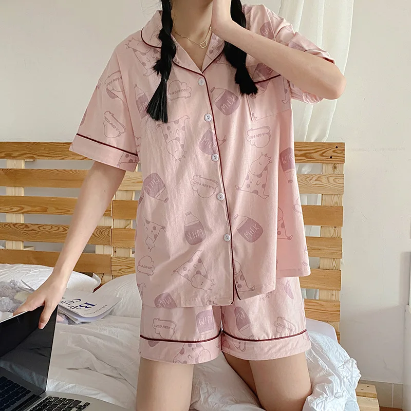 

2022 Spring Summer Fashion Women's Casual Lovely Print Pink Sleepwear Cute Kawai Pajamas Set With Shorts Pants Mlik