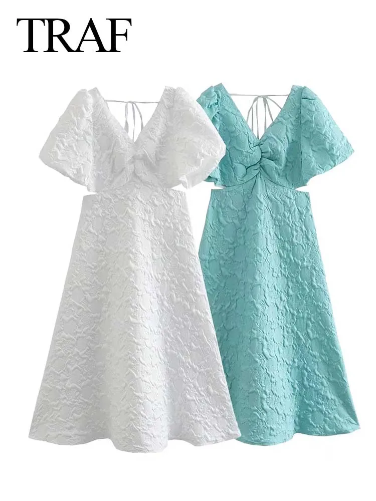 

TRAF Two-color Three-dimensional Fabric Puff Sleeves Elegant Temperament Cute Lady Dress V-neck Hollow Waist Women's Dress