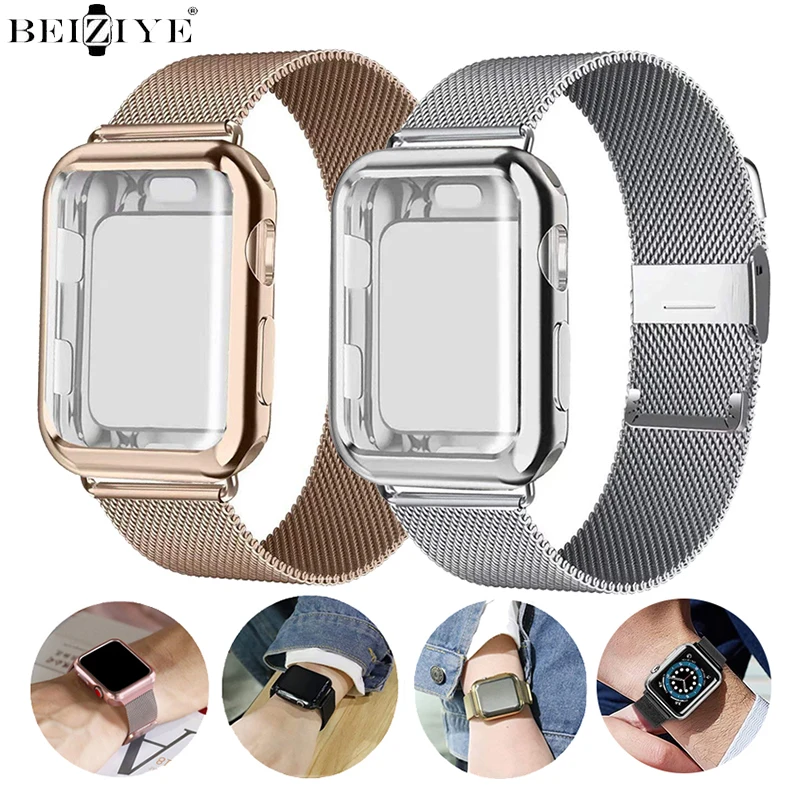 

Milanese strap bracelet for apple watch band 44mm 40mm 38mm 42mm 45mm 41mm TPU case correa for apple watch series 7 se 6 5 4 3 2