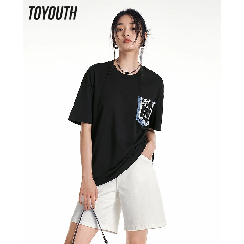 

Toyouth Women T-shirt 2023 Summer Short Sleeve O Neck Loose Tees Perforated Pocket Decoration Couple Pure Cotton Comfort Tops