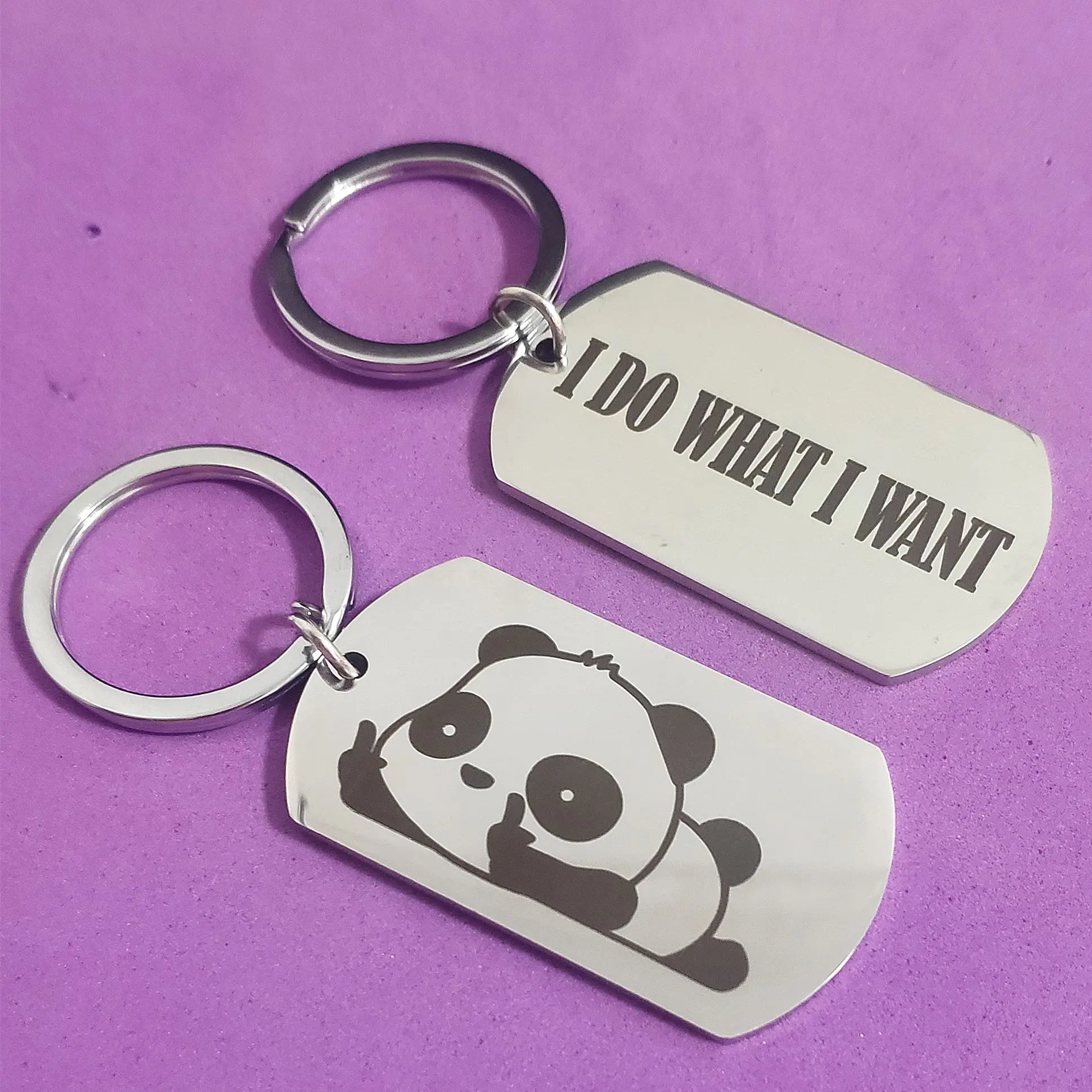 

Creative Keyring Cartoon Keys Holder I DO WHAT I WANT Stainless Steel Gift Military Tags Cute Panda Keychain Car Carabiner