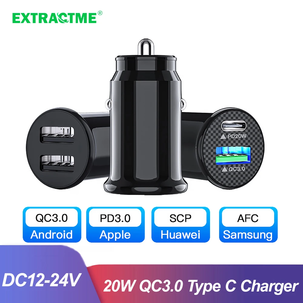 

Extractme USB Car Charger 20W QC3.0 PD Type C Fast Charging Auto Cigarette Socket Lighter 12 24V For iPhone 13 12 11 Samsung