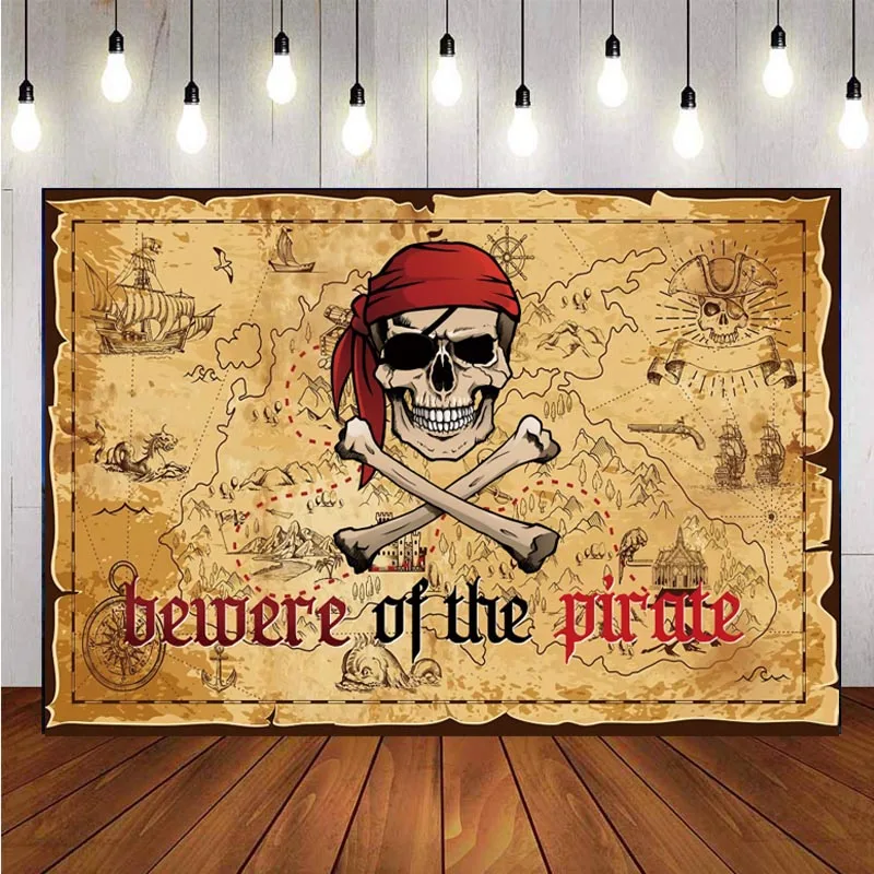 

Pirate Skeleton Treasure World Map Backdrop Kids Happy Birthday Party Photography Background Photo Studio Supplies Decor Banner