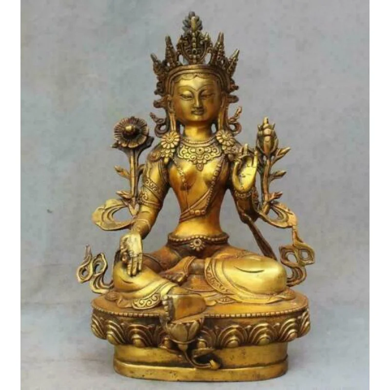 

12-Inch Tibetan Old Buddhist Bronze Gilded Green Tara Guan Yin Bodhisattva/Buddha Statue