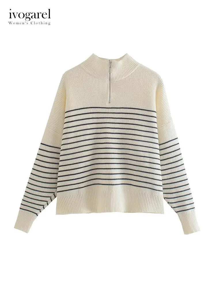 

Ivogarel Women's Striped Knit Sweater Traf High Neck Long Sleeve Sweater for Demi-Season Autumn Winter Fashion