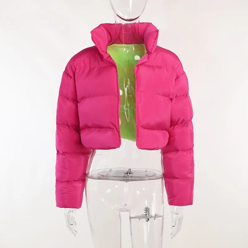 Solid Short Puffer Jacket Women Casual Cotton-Padded Thicken Keep Warm Quilted Cardigan Long Sleeves Wild Streetwear